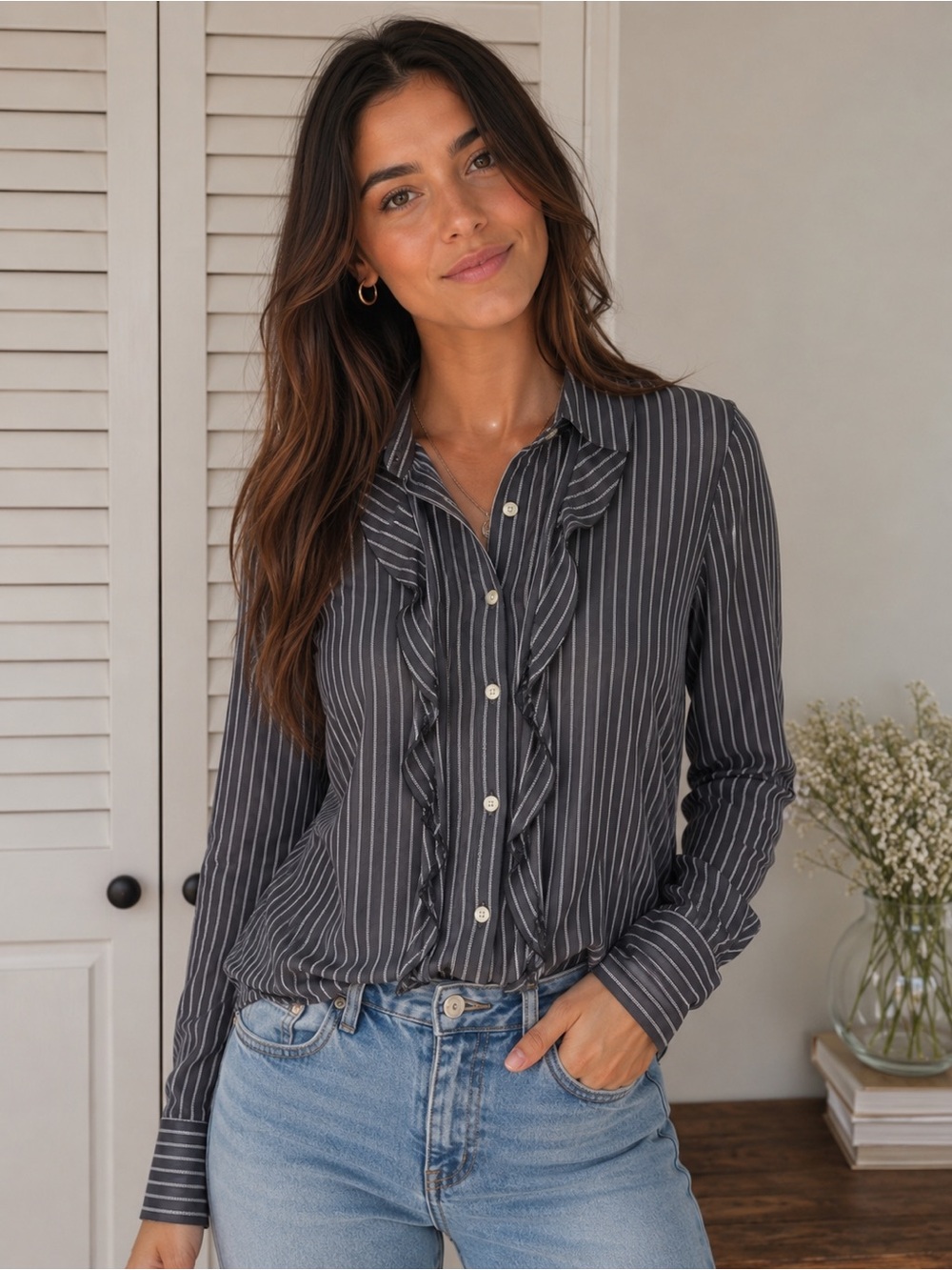 LOFT Gray & white striped ruffle button up blouse